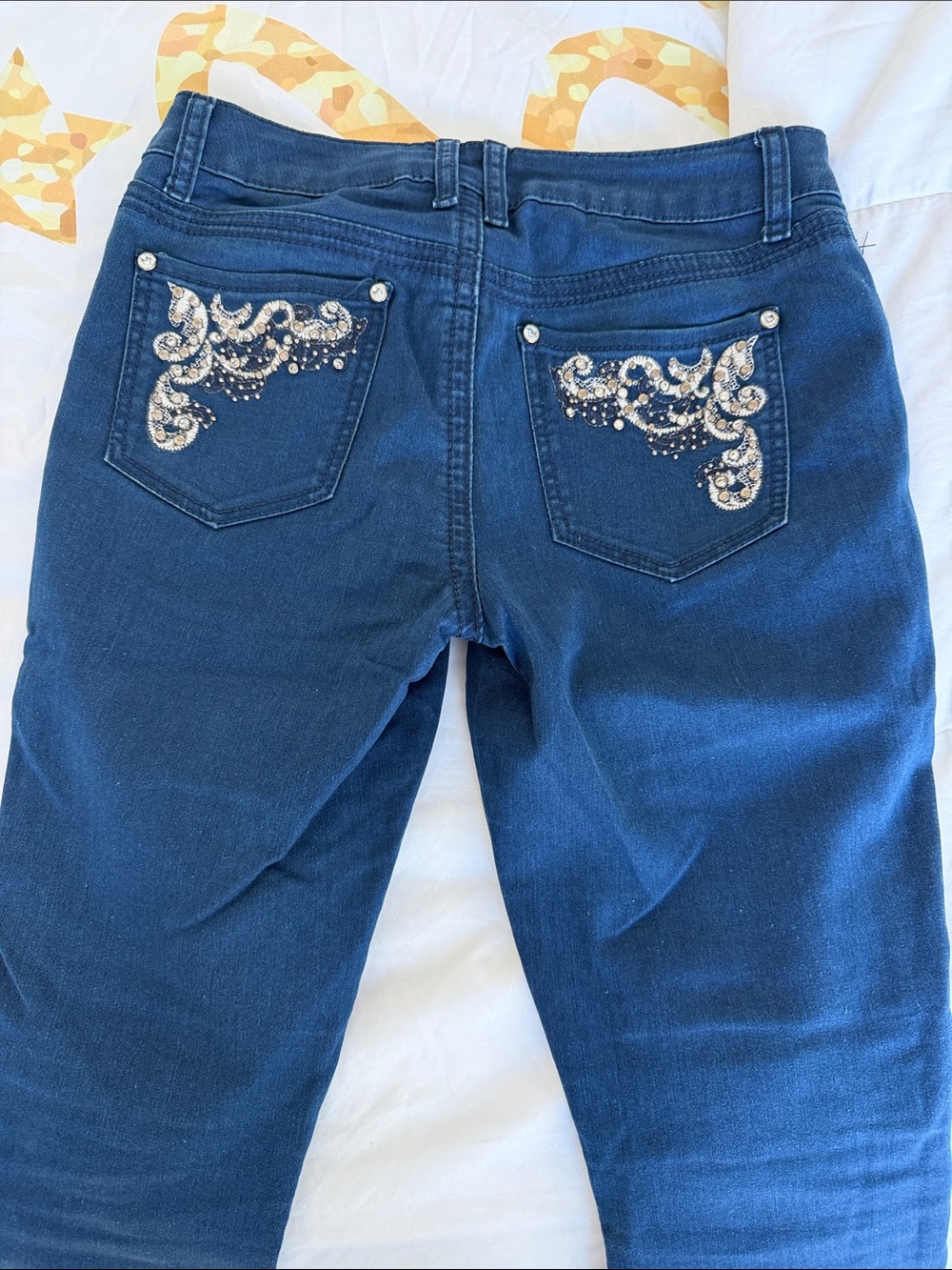 Embellished Dark Blue Skinny Jeans with Rhinestone Pocket Detail